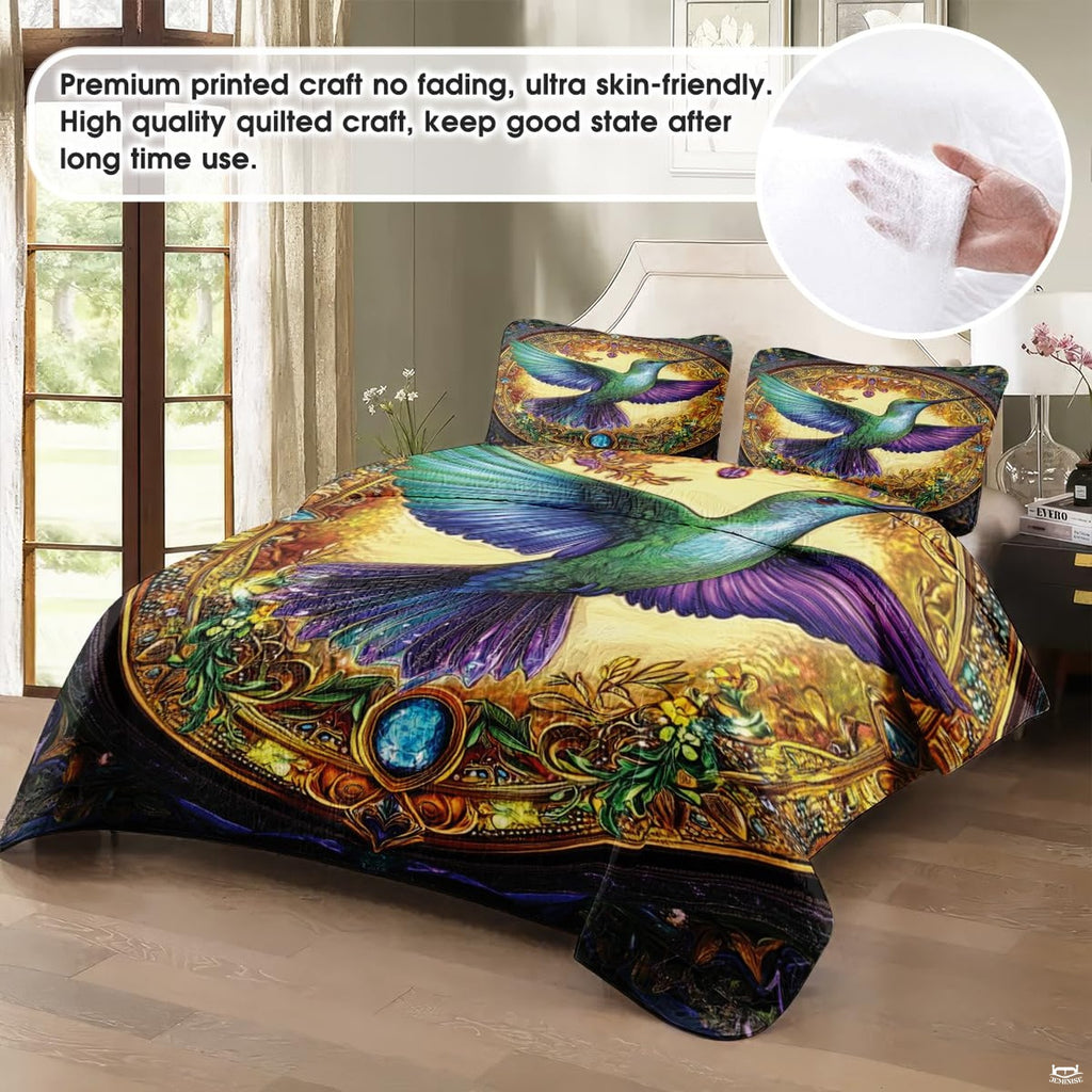 Staged bedroom with ornate hummingbird and gold scrollwork bedding design