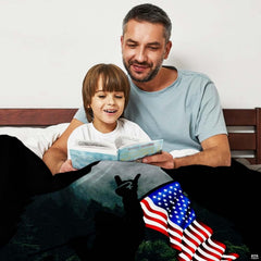 Patriotic Bigfoot waving American flag art print in rustic woodland bedroom arrangement.