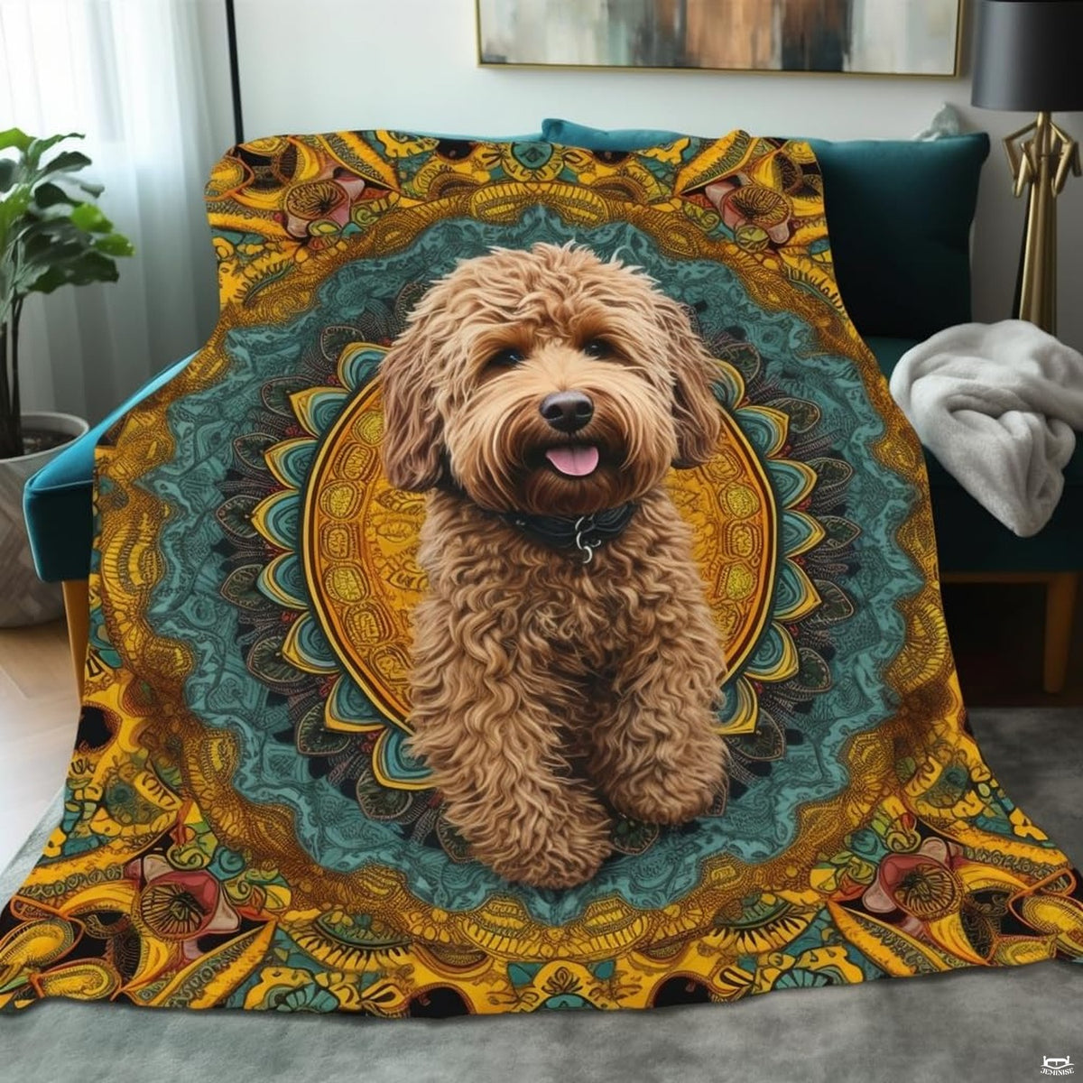 Goldendoodle mandala throw blanket styled over a living room armchair