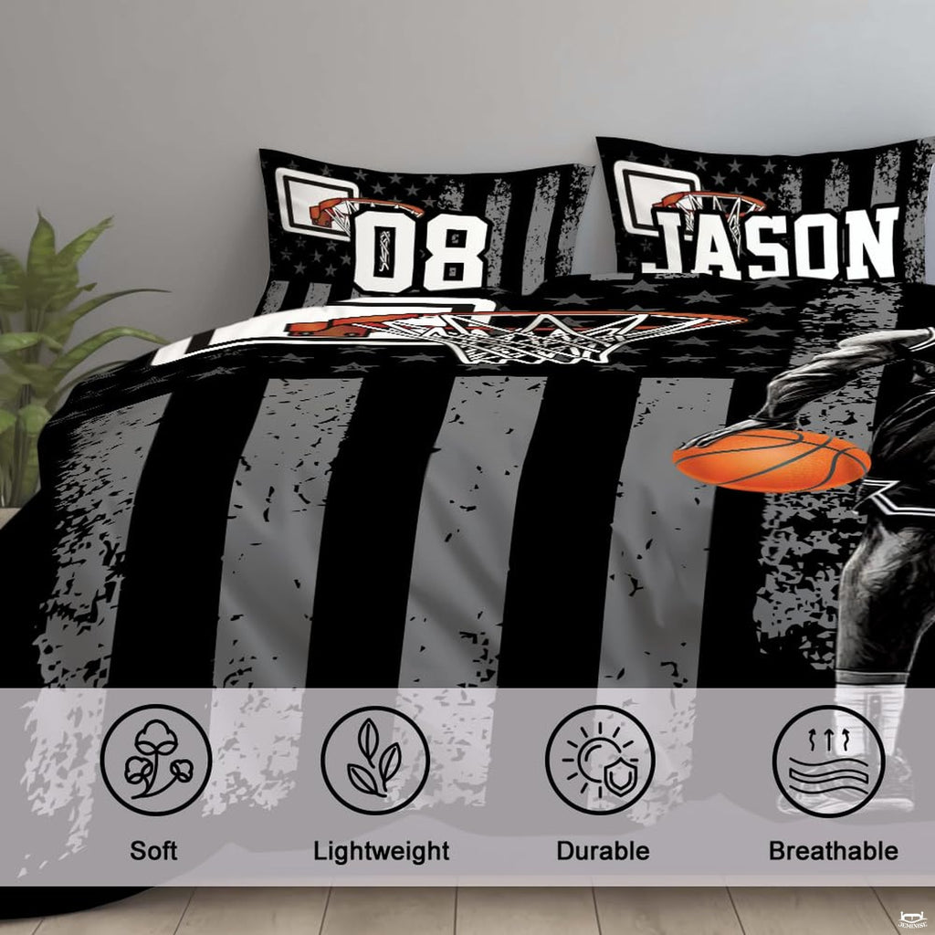 Corner fold view of basketball bedding highlighting sharp monochrome printing and vivid orange basketball