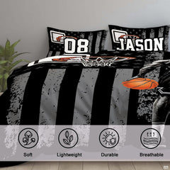 Corner fold view of basketball bedding highlighting sharp monochrome printing and vivid orange basketball