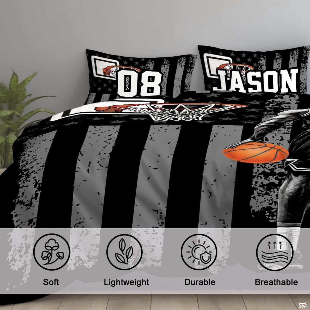 Corner fold view of basketball bedding highlighting sharp monochrome printing and vivid orange basketball