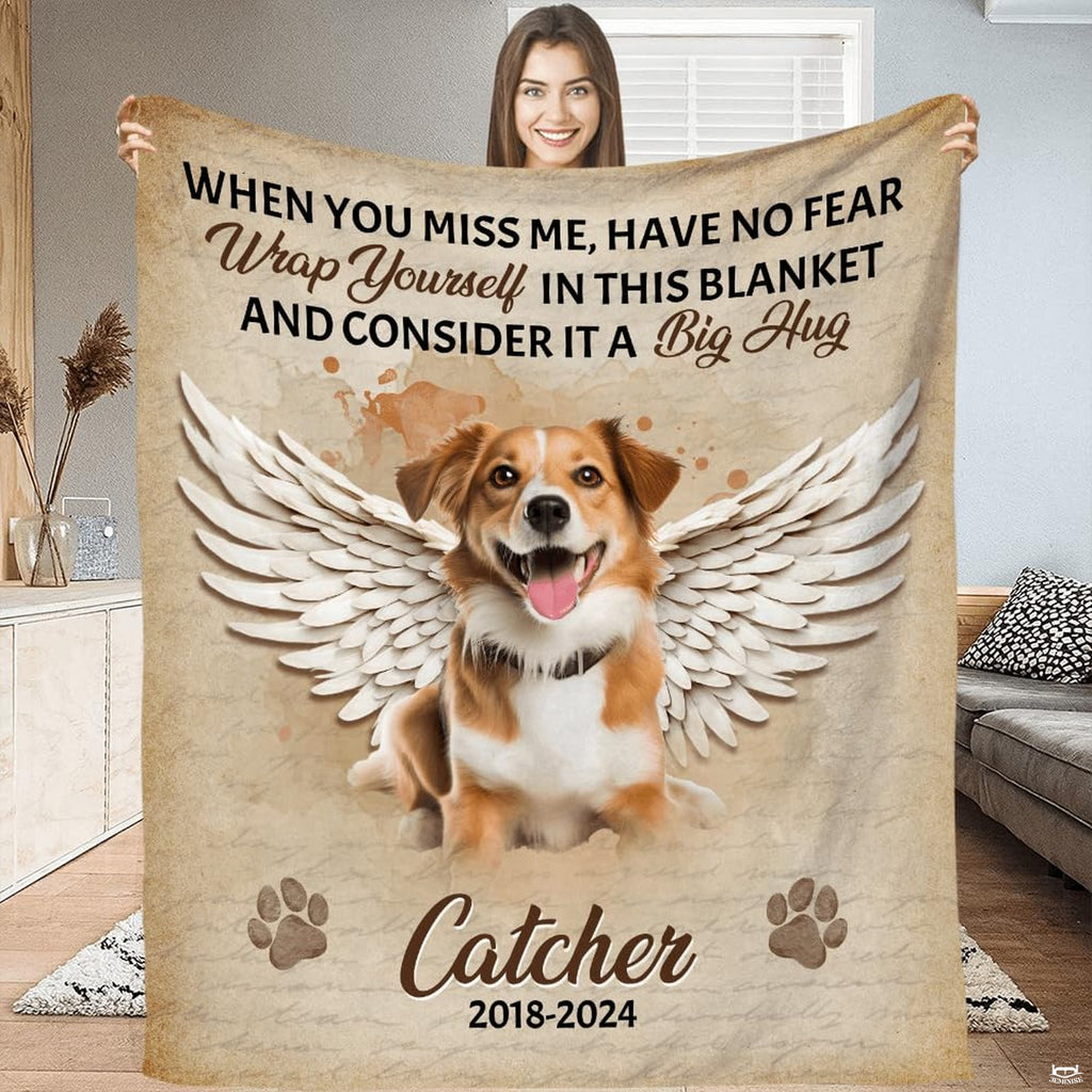 Dog angel wings memorial throw blanket featuring pup portrait, feathered wings, and paw prints