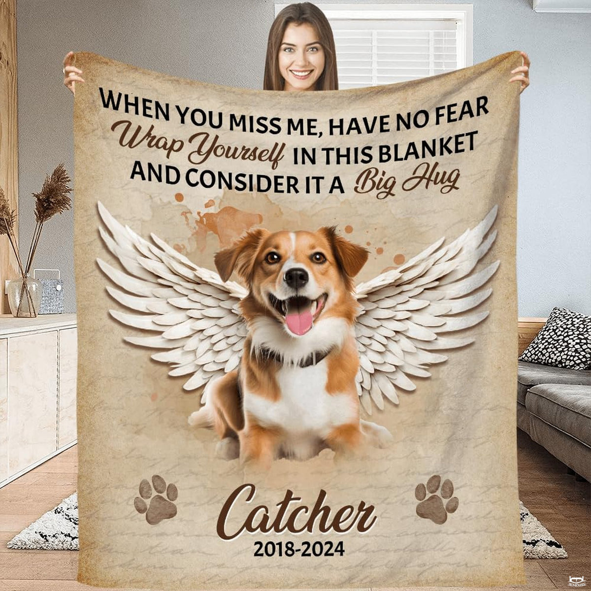 Dog angel wings memorial throw blanket featuring pup portrait, feathered wings, and paw prints