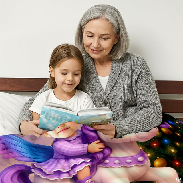 Holiday winged unicorn fantasy throw blanket view 2 styled on living room couch in modern home