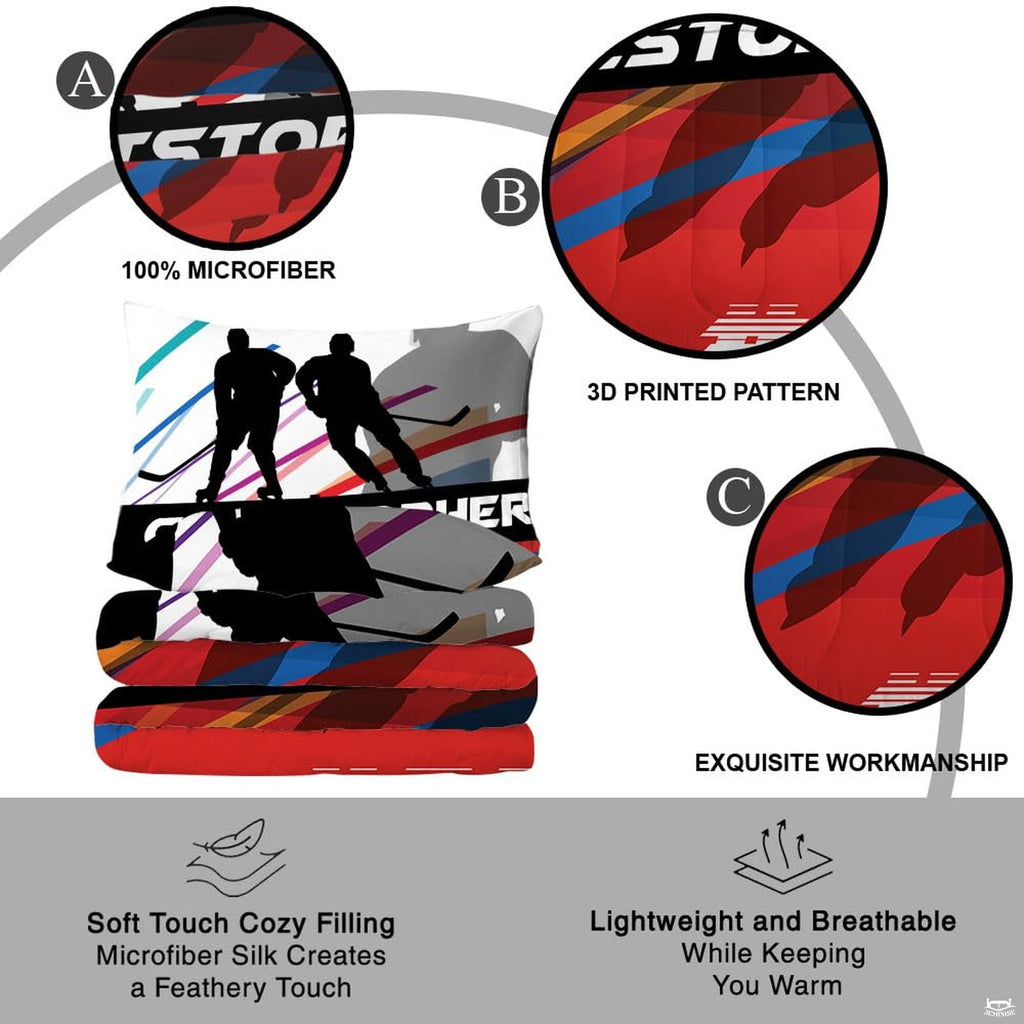 Corner fold view of ice hockey bedding highlighting vivid red and cyan color block printing
