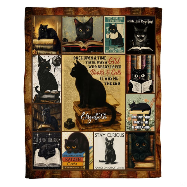 Overhead view of black cat bedding displaying scholarly felines resting on antique tomes with thematic accent cups.