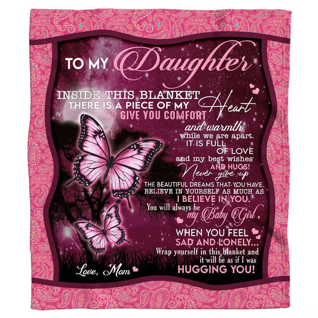 Pink butterflies throw blanket featuring fluttering swallowtails under a full moon with a paisley border.