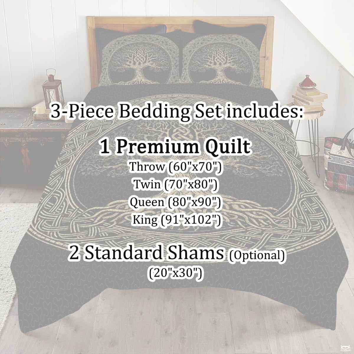 Corner angle view of Gaelic bedding highlighting precise graphic line art and rich black contrast