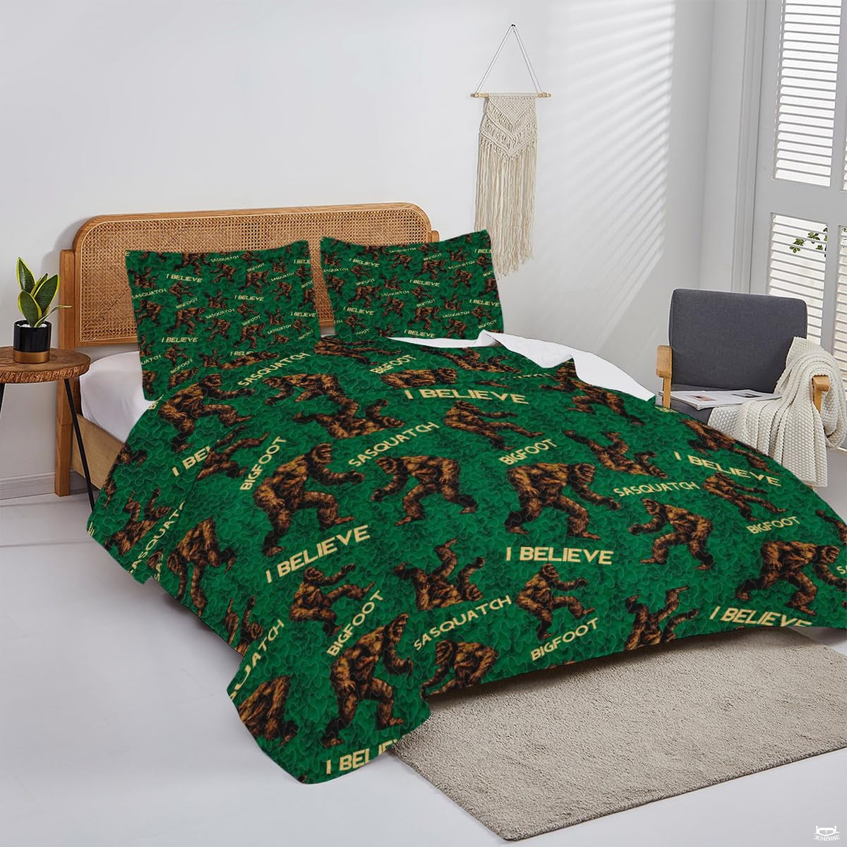 Rustic cabin bedroom decor styling featuring an emerald green woodland ape pattern bedding set