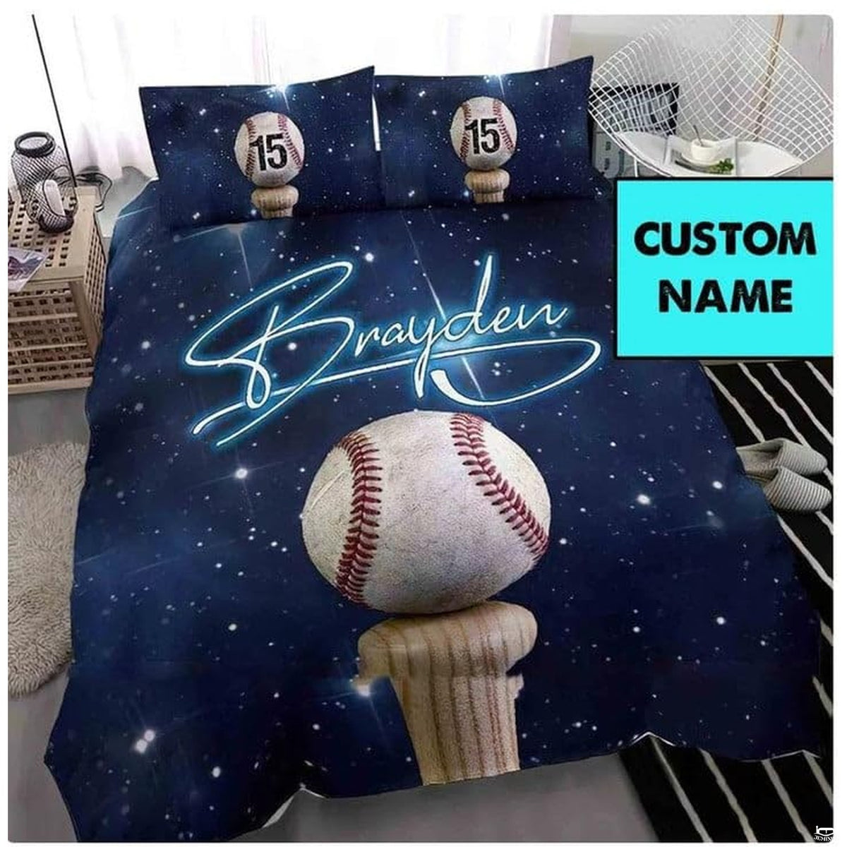 Close-up view of baseball bedding detailing realistic ball texture, wooden bat grain, and glowing neon script