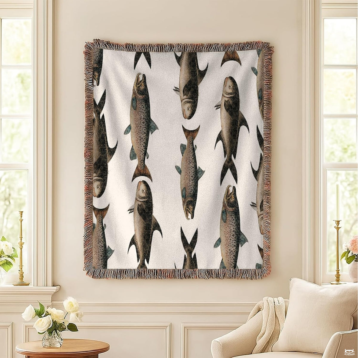 Stylized rustic bedroom scene styled with trout print bedspread artwork and natural woodland accents.