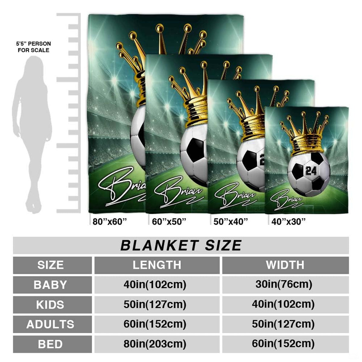 Proportions layout and dimension reference diagram for the royal crown soccer sports blanket.