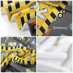 Construction dump trucks, excavators, and yellow caution stripe banner on grey background, view 5.