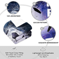 Top view of blue electric lightning soccer bedding spread smoothly across a modern youth bed