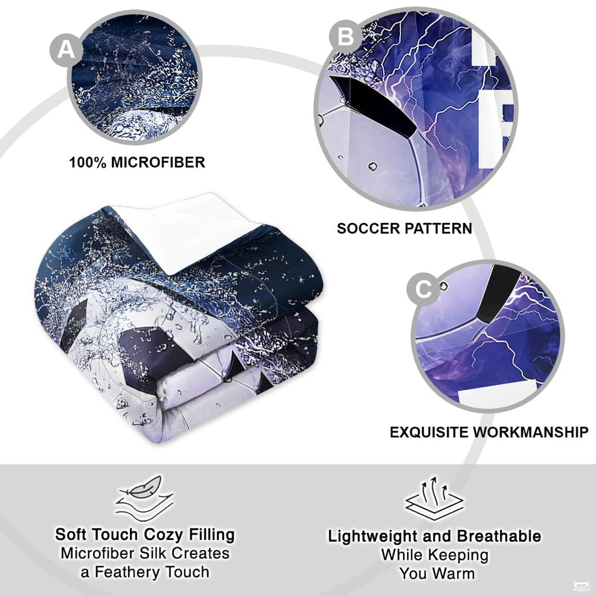 Top view of blue electric lightning soccer bedding spread smoothly across a modern youth bed