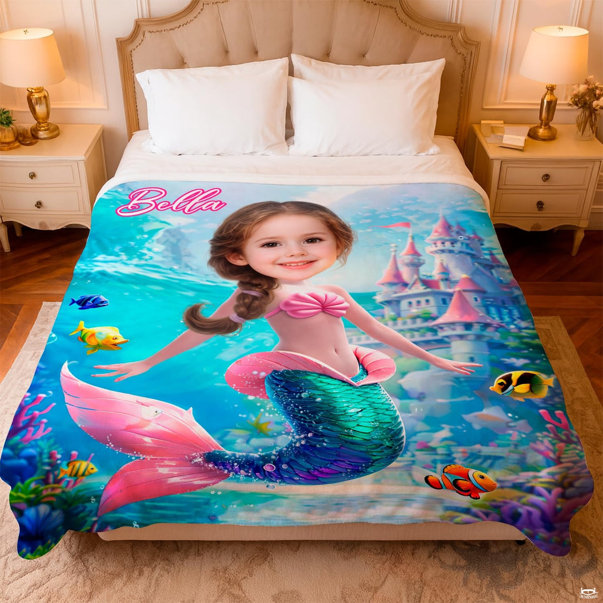 Overhead bedroom scene showcasing mermaid blanket spread across bed