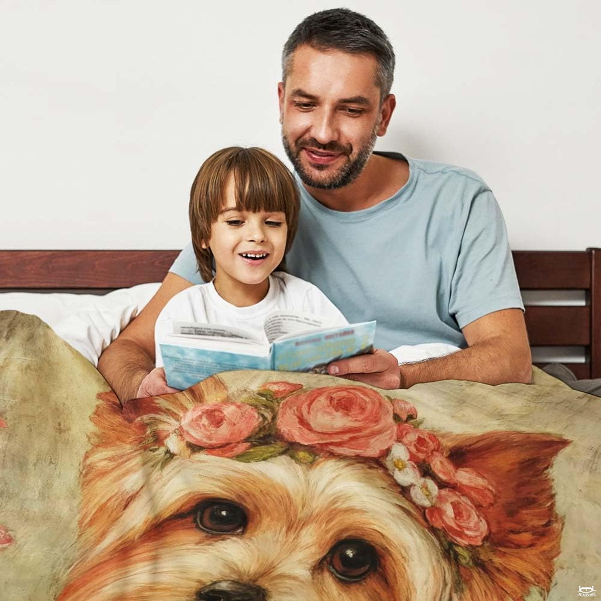 Yorkshire Terrier floral crown rose throw blanket styled over a contemporary living room sofa