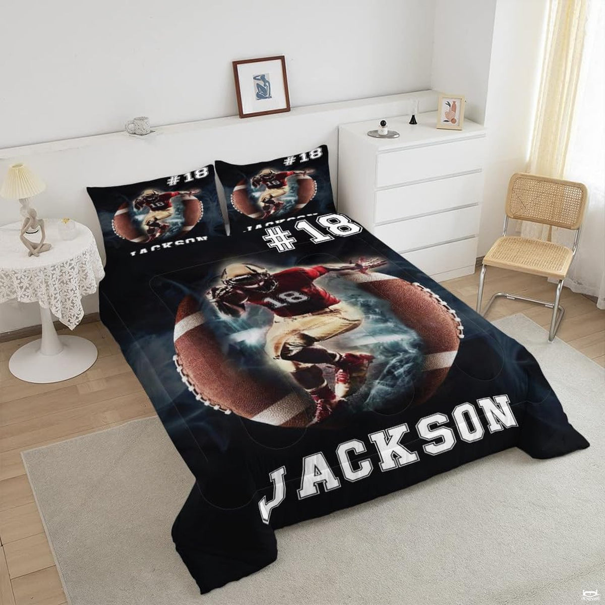 Close-up perspective of soccer bedding detailing burgundy energy accents, player silhouette, and typography