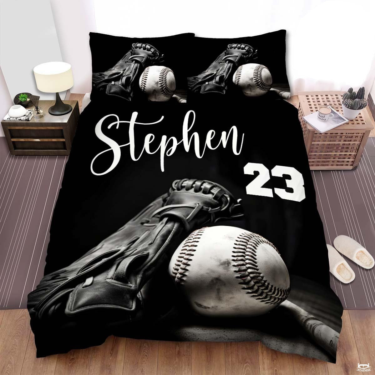 Personalized Baseball Bedding Full Size Flag Custom Name Duvet Cover Set Sport Decor Sports Comforter Bed Set (Baseball on Black)