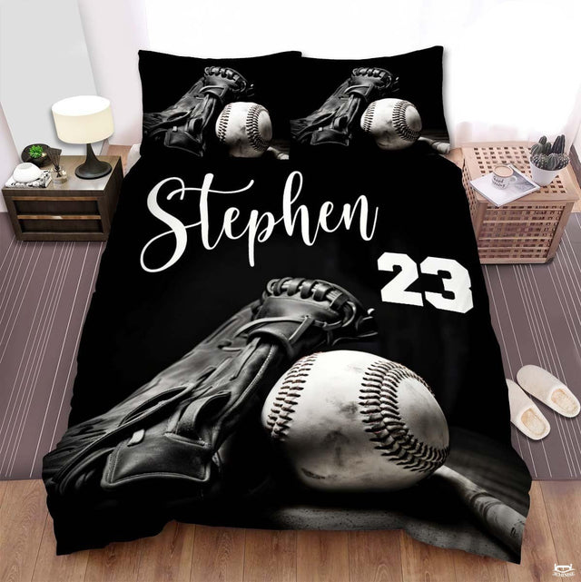Black baseball glove and jersey number sports bedding - view 1