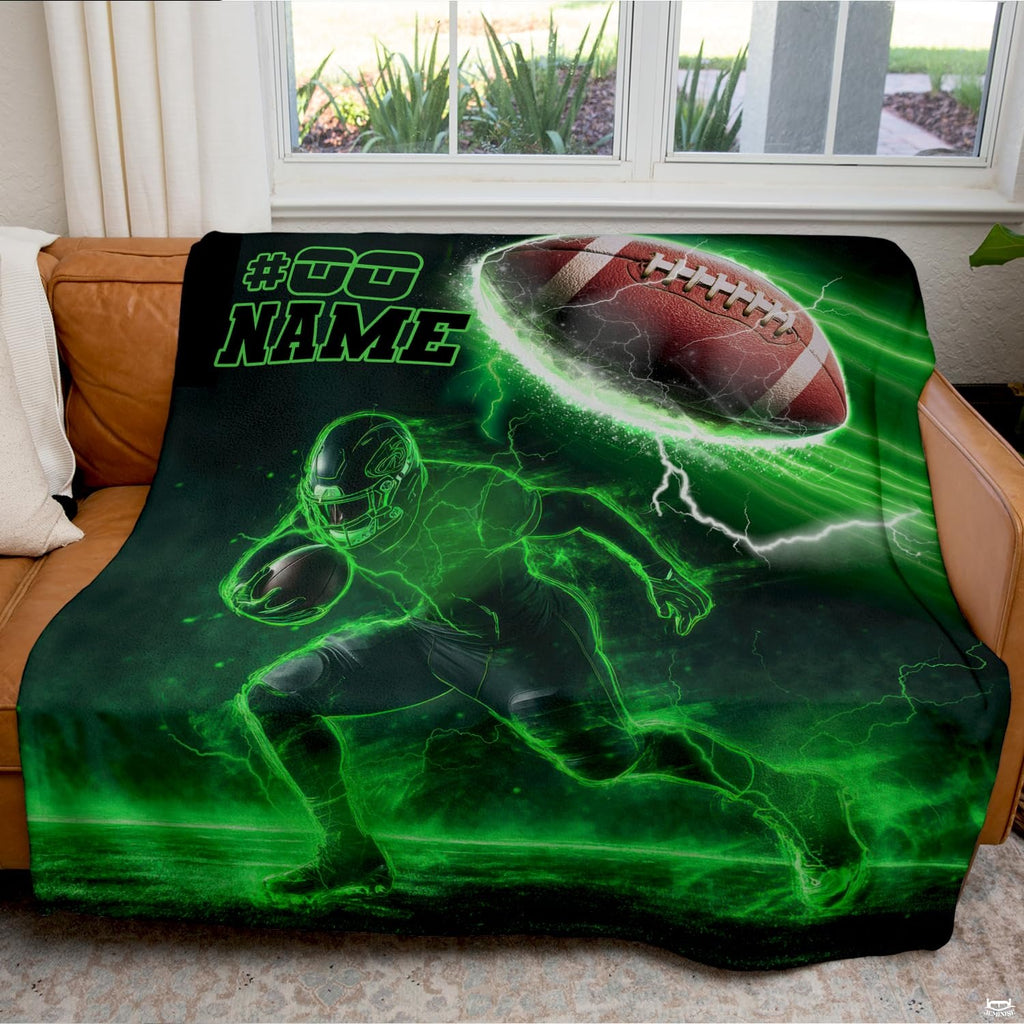 Neon green football throw blanket view 3 highlighting laser outline player, electric lightning, and glowing gridiron