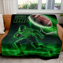 Neon green football throw blanket view 3 highlighting laser outline player, electric lightning, and glowing gridiron
