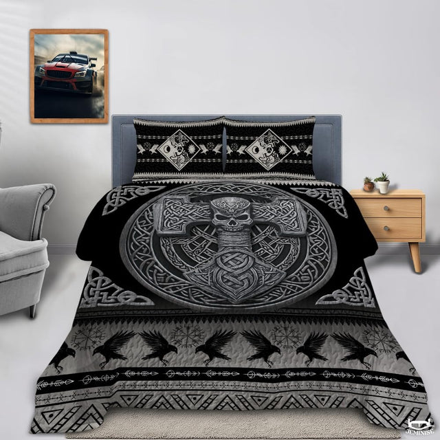 Norse Mythology Mjolnir with Skull Within Circular Celtic Quilt
