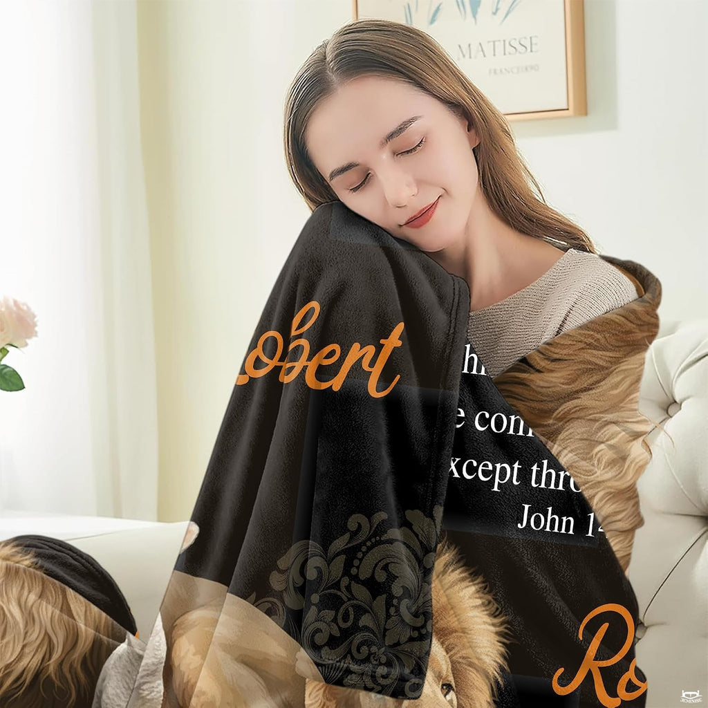 Lifestyle display of the lion and lamb faith blanket in a home interior.