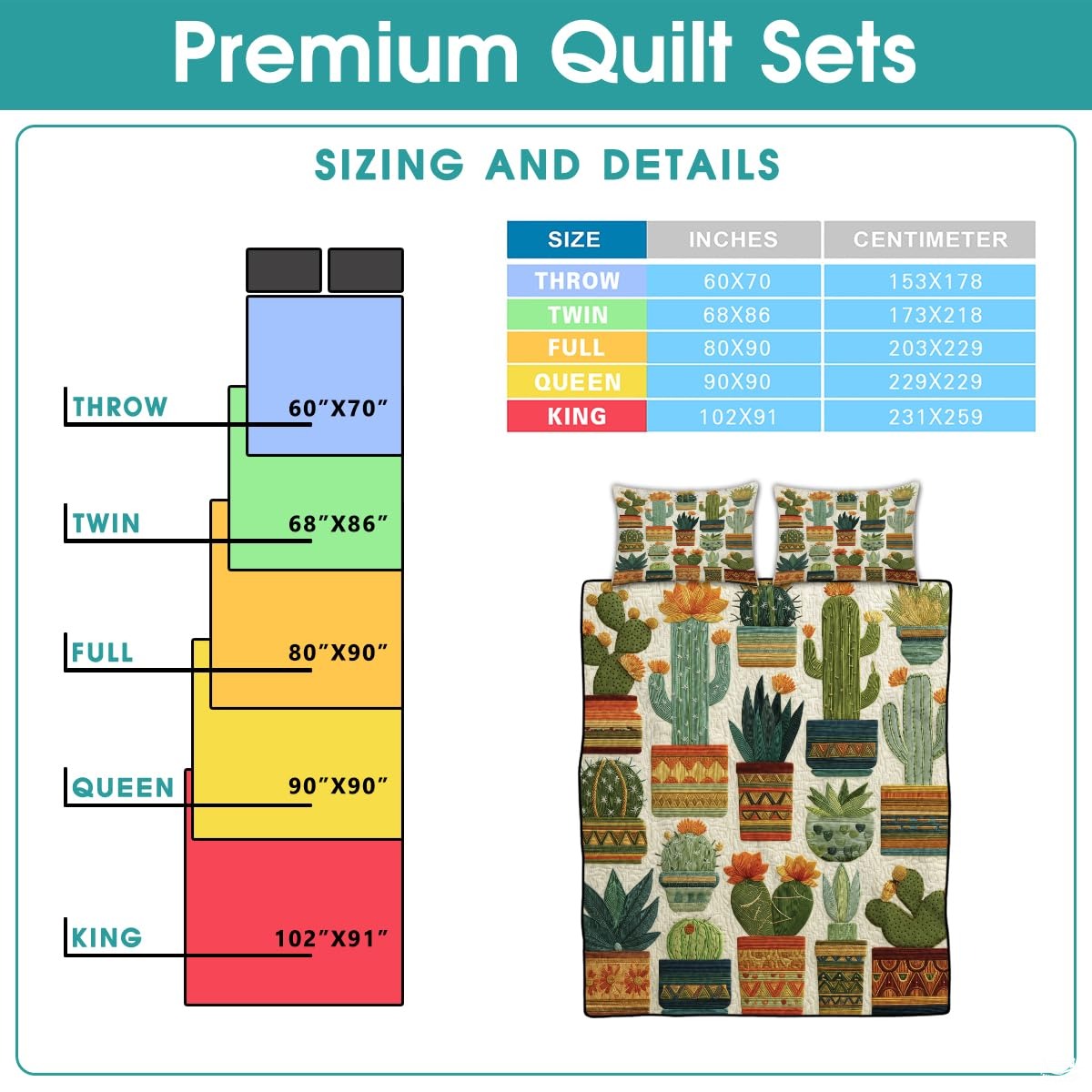 Personalized Vibrant Potted Cactus Quilt Set, Machine Washa - Design 3