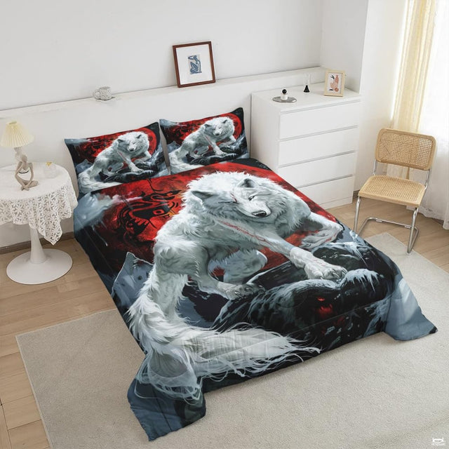 Angled view of white wolf, red moon, black emblem, and jagged rocks