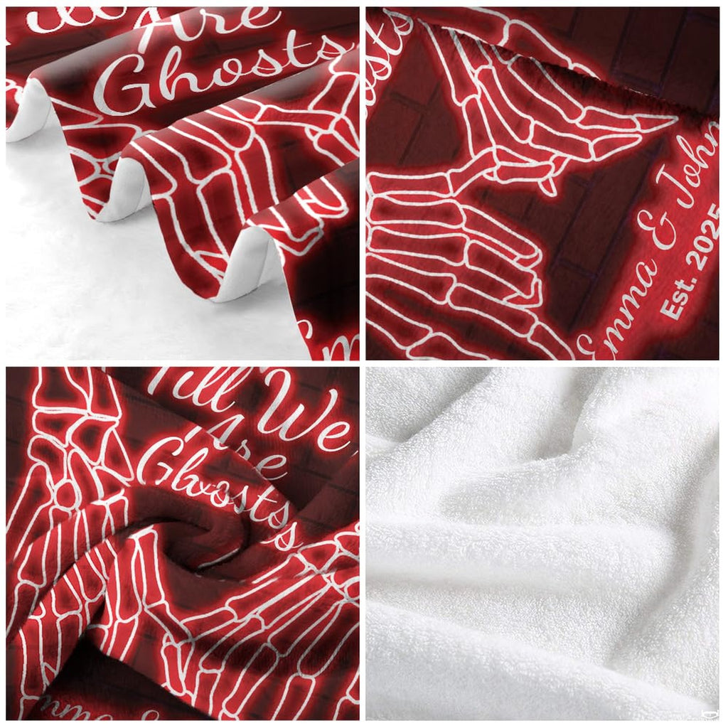 Gothic throw blanket folded on wooden bench highlighting vibrant red neon print and dark brick background
