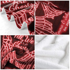 Gothic throw blanket folded on wooden bench highlighting vibrant red neon print and dark brick background