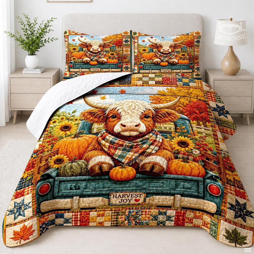 Highland cow in vintage teal truck autumn bedding set featuring a cow, harvest pumpkins, and blooming sunflowers