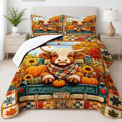 Highland cow in vintage teal truck autumn bedding set featuring a cow, harvest pumpkins, and blooming sunflowers