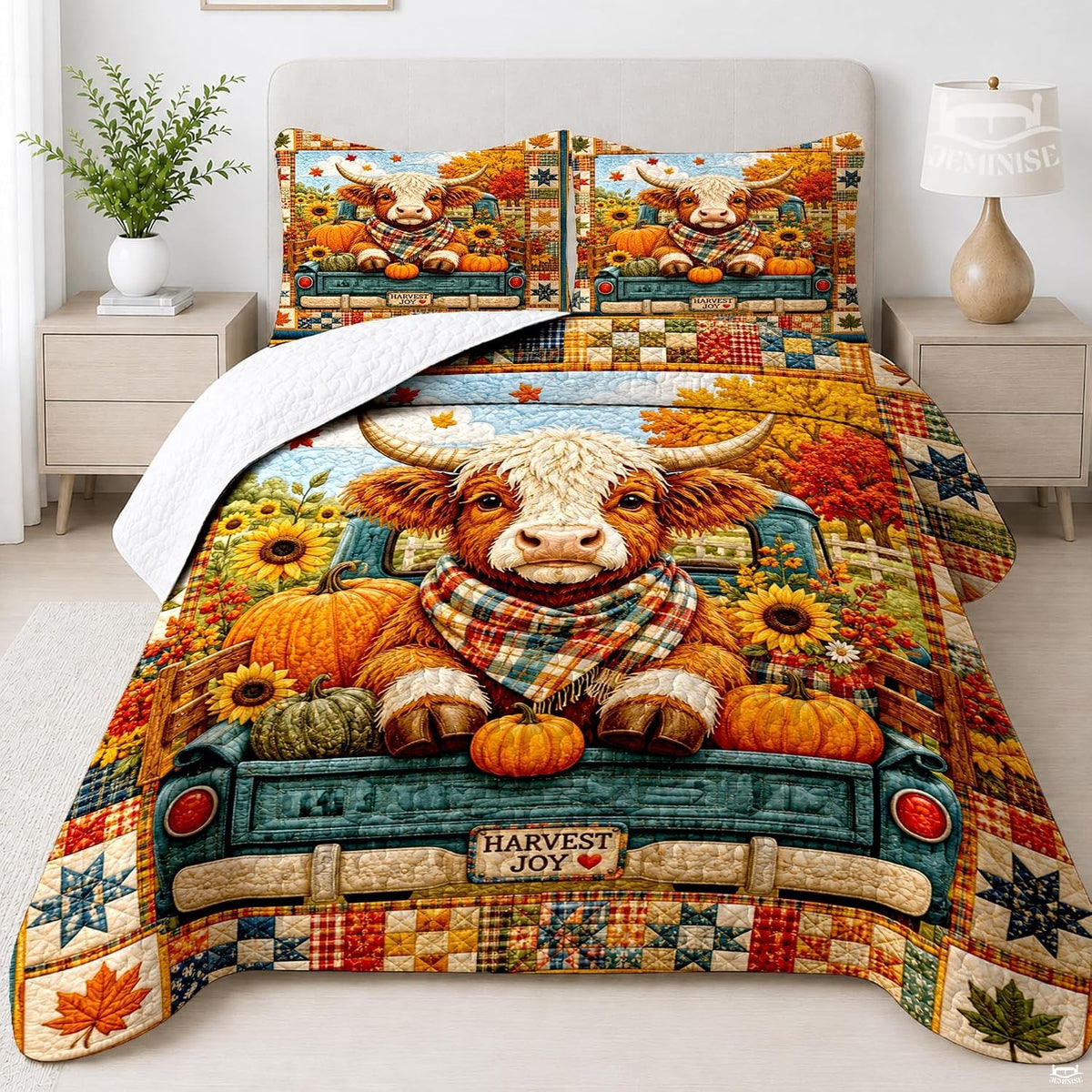 Highland cow in vintage teal truck autumn bedding set featuring a cow, harvest pumpkins, and blooming sunflowers