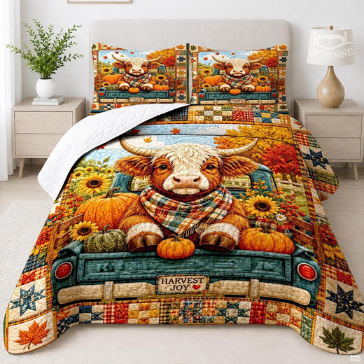 Highland cow in vintage teal truck autumn bedding set featuring a cow, harvest pumpkins, and blooming sunflowers