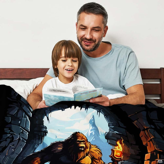 Sasquatch torchlight illustration with snowy mountain peaks on graphic art bedding.
