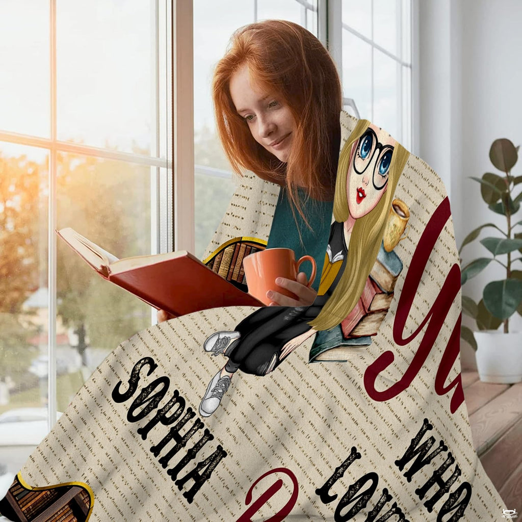 Custom reader girl throw blanket draped gracefully over a living room sofa creating a scholarly room accent.