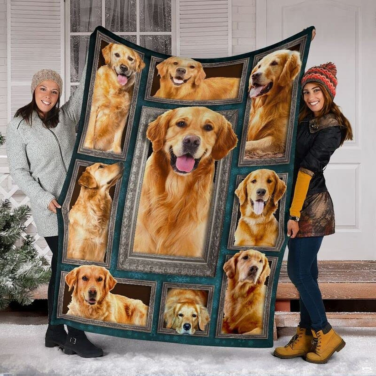 Detailed view of canine picture collage artwork in rich amber and teal tones.