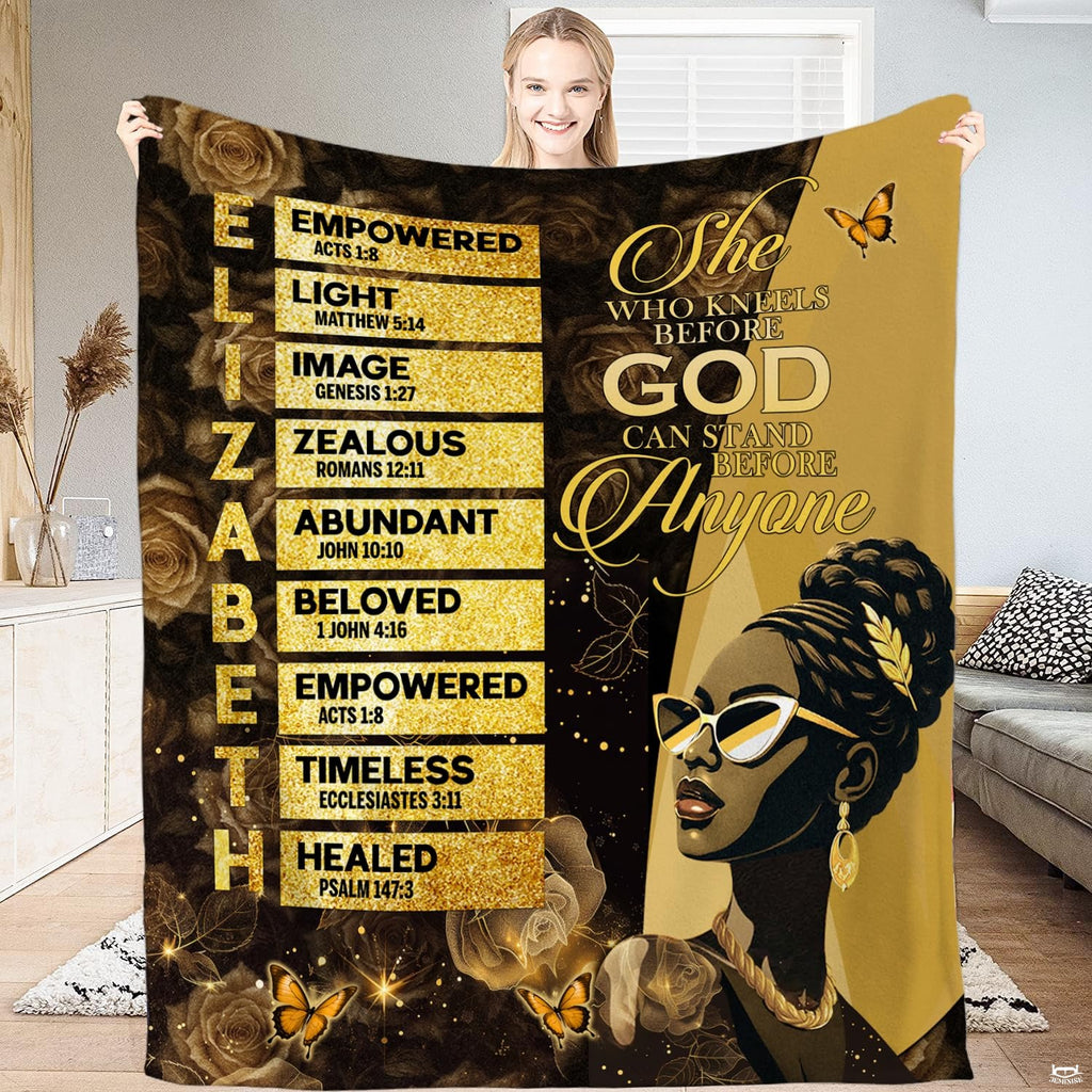 Faith art blanket featuring an elegant woman portrait with golden floral blooms and scripture banners.