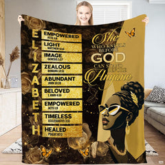 Faith art blanket featuring an elegant woman portrait with golden floral blooms and scripture banners.
