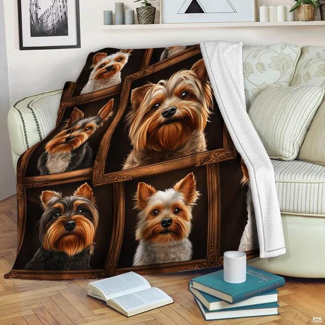 Yorkshire Terrier framed portrait throw blanket held open displaying carved wooden frames with Yorkie faces