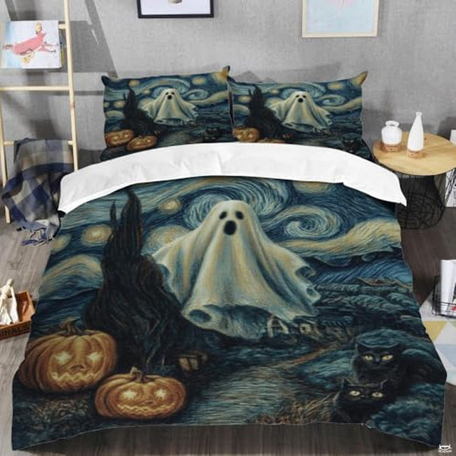 Starry night Halloween ghost bedding with swirling sky - view 2