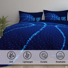 Corner fold view of basketball bedding highlighting vivid neon blue printing against deep midnight background