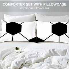 Matching pillow sham detail for geometric soccer bedding set featuring monochrome athletic panels