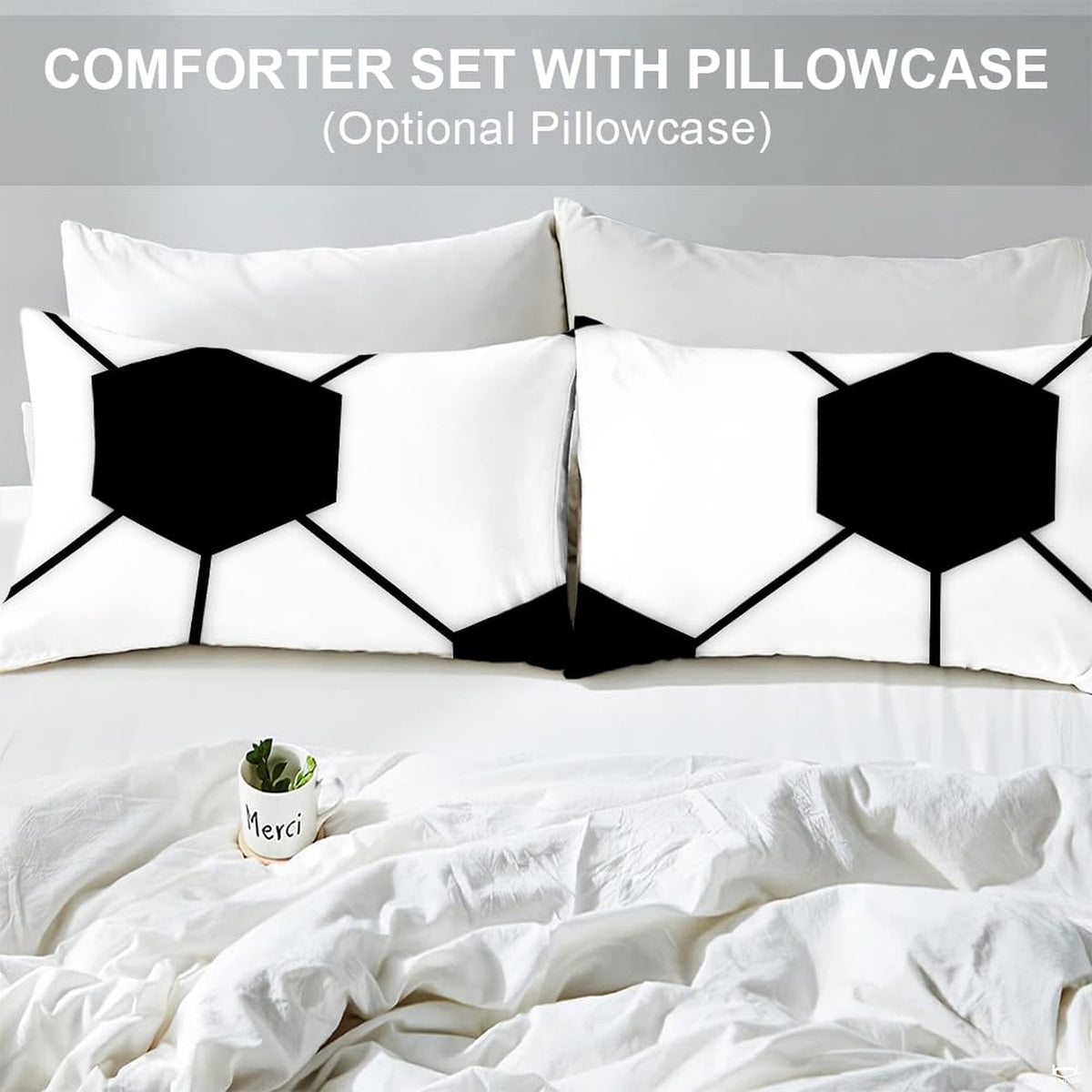 Matching pillow sham detail for geometric soccer bedding set featuring monochrome athletic panels