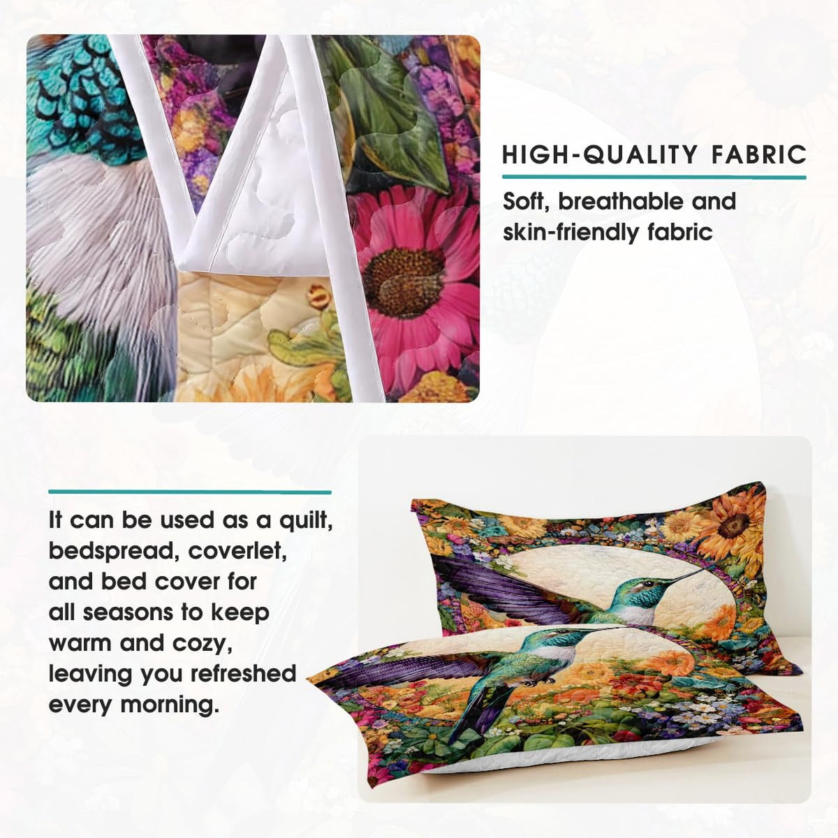 Colorful garden hummingbird artwork on coordinated bedding pieces