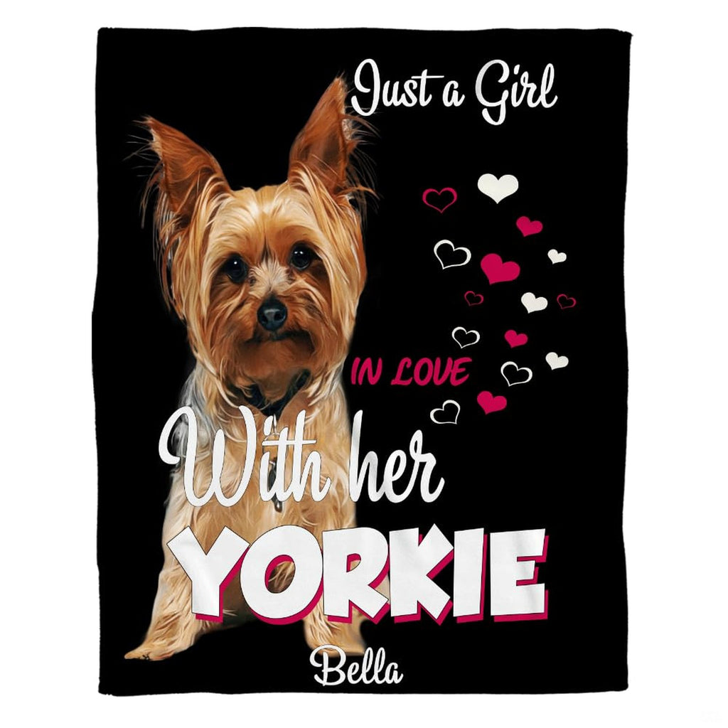 Yorkshire Terrier throw blanket featuring a pup and pink floating hearts on a black backdrop.