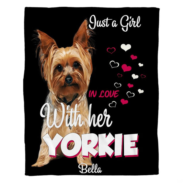 Yorkshire Terrier throw blanket featuring a pup and pink floating hearts on a black backdrop.